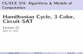 Hamiltonian Cycle, 3-Color, Circuit-SAT · 2021. 4. 27. · Hamiltonian Cycle 3-Color Circuit SAT Important: understanding the problems and that they are hard. Proofs and reductions