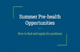 Summer Pre-health Opportunities...Intro: Pre-health Mentor Program Pairing of pre-health freshmen with student mentors Pre-health upperclassmen can facilitate the navigation of different